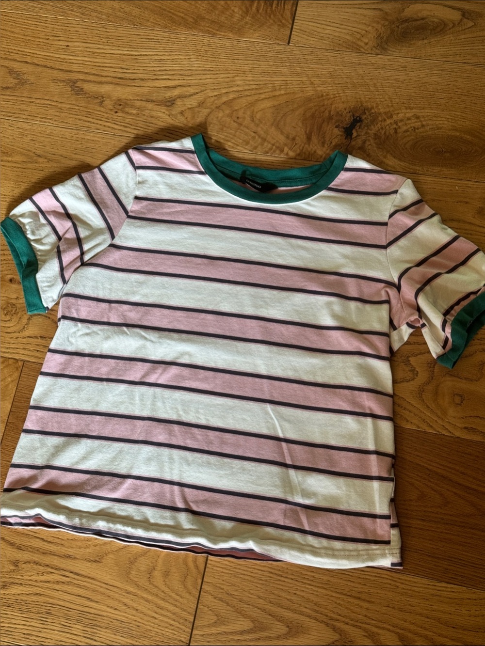 Striped Pink & White Short Sleeve Tee with Green Trim 0052